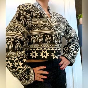 Vintage Black & Cream Printed Cropped Blazer